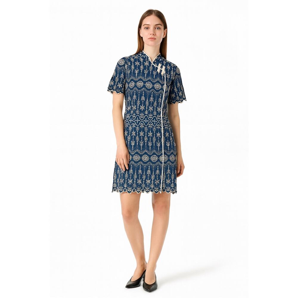 Blue Embroidered Floral Dress with Frog Button – Women’s Size Medium